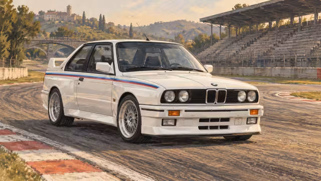 Ilustrace BMW M3 E30 na závodním okruhu