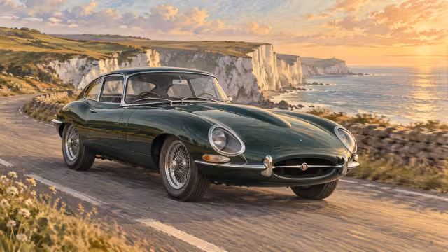 Ilustrace zeleného Jaguaru E-Type na pobřežní silnici