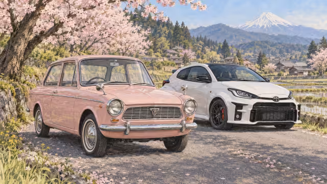 Ilustrace historické Toyoty Publica a moderního Yarisu