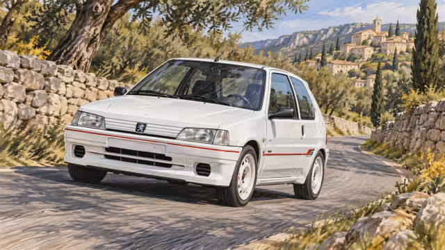 Ilustrace bílého Peugeotu 106 Rallye na venkovské silnici