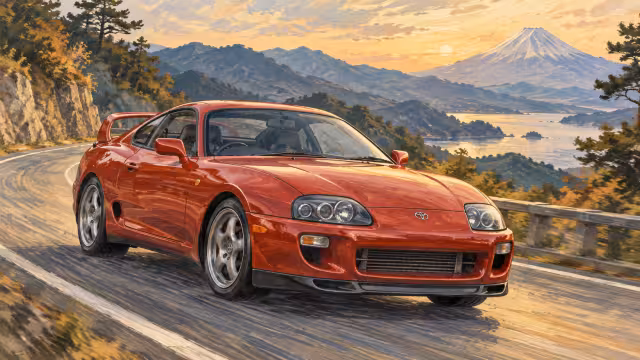 Ilustrace červené Toyoty Supra A80 na horské silnici