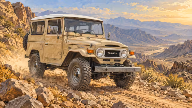 Ilustrace historického Land Cruiseru FJ40 v horském terénu