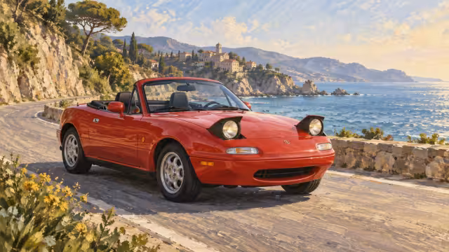 Malovaná červená Mazda MX-5 první generace na pobřežní silnici