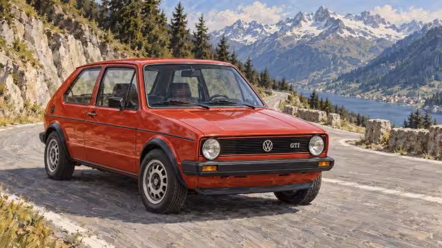 Malovaný červený Volkswagen Golf GTI první generace na horské silnici