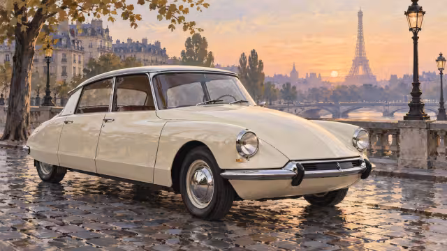 Malovaný světlý Citroën DS 19 na pařížském bulváru