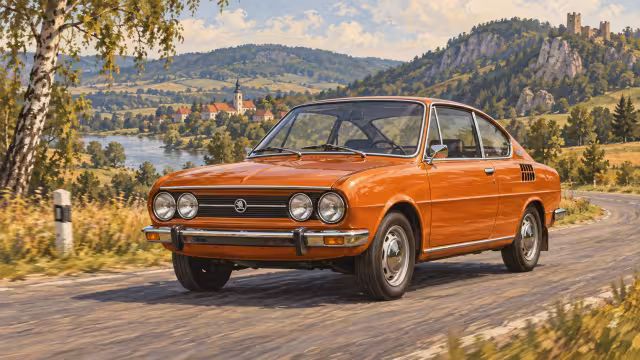 Malované oranžové kupé Škoda 110 R na české venkovské silnici