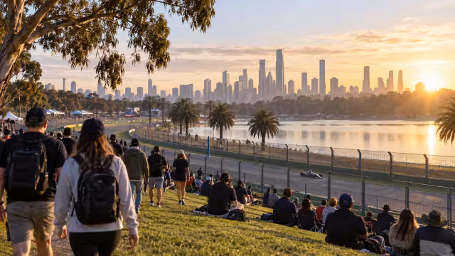 Generovaná ilustrace diváků a okolí okruhu Albert Parku v Melbourne.
