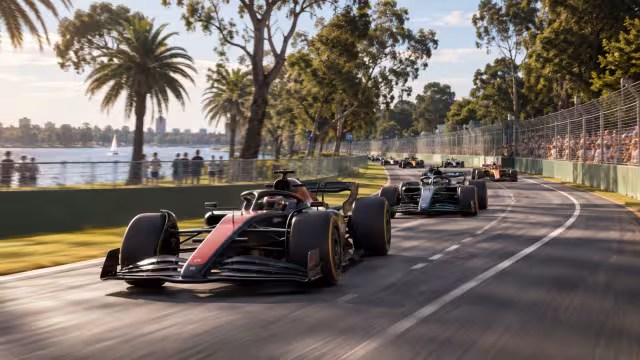 Generovaná ilustrace závodní stopy a vozu na okruhu Albert Parku v Melbourne.