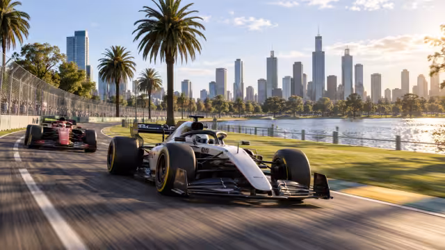 Generovaná panoramatická ilustrace současného okruhu Albert Parku v Melbourne.