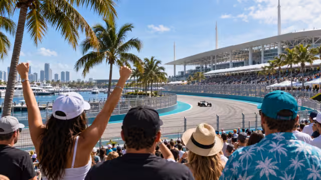 Generovaná ilustrace diváků a okolí okruhu v Miami.
