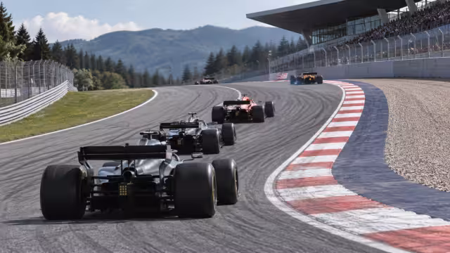 Generovaná ilustrace závodní stopy a vozu na okruhu Red Bull Ring.