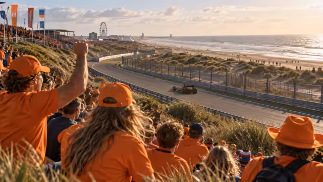Generovaná ilustrace diváků a okolí okruhu Zandvoort.