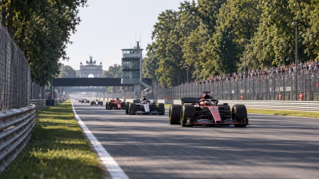 Generovaná panoramatická ilustrace současného okruhu Monza.