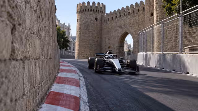 Generovaná ilustrace závodní stopy a vozu na okruhu v Baku.