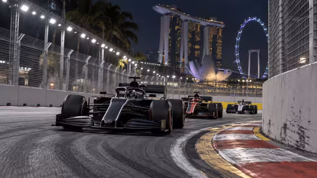 Generovaná ilustrace závodní stopy a vozu na okruhu Marina Bay.
