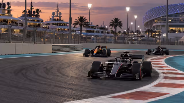 Generovaná ilustrace závodní stopy a vozu na okruhu Yas Marina.