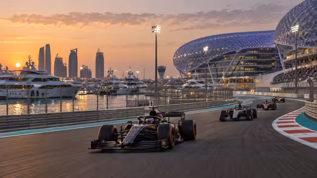 Generovaná panoramatická ilustrace současného okruhu Yas Marina.