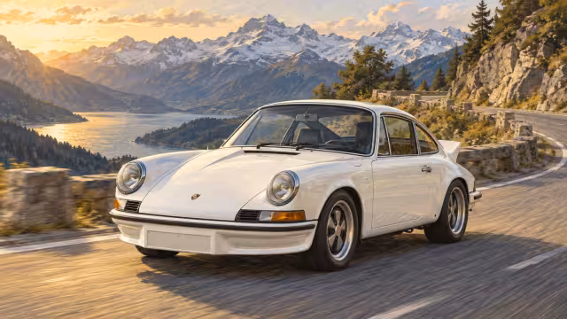 Ilustrace bílého Porsche 911 Carrera RS 2.7 na alpské silnici
