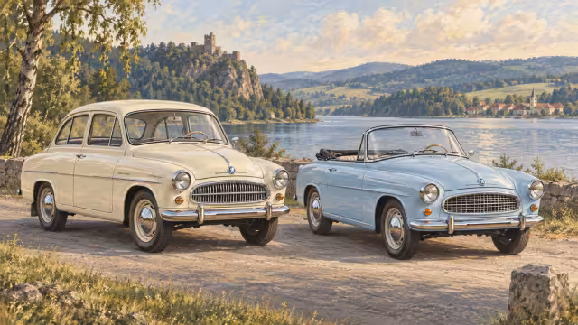 Ilustrace historických vozů Škoda Octavia a Felicia u jezera