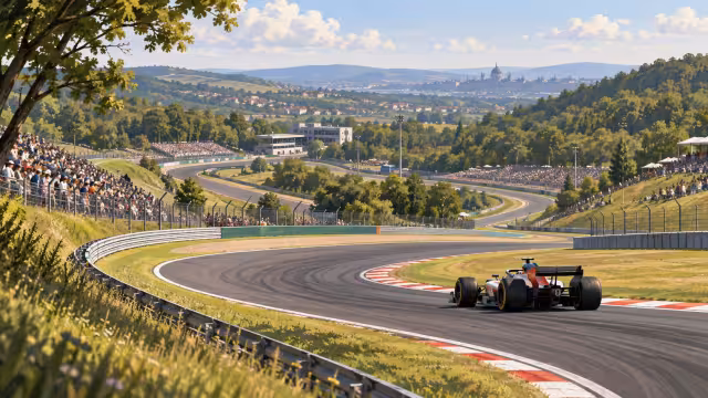 Ilustrace závodního vozu na zvlněné trati Hungaroringu mezi letními tribunami