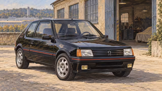 Ilustrace černého Peugeotu 205 GTi před restaurátorskou dílnou
