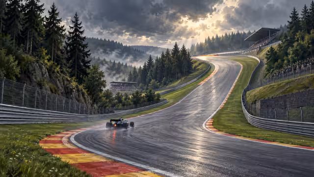 Ilustrace závodního vozu stoupajícího mokrou tratí mezi lesy v Ardenách