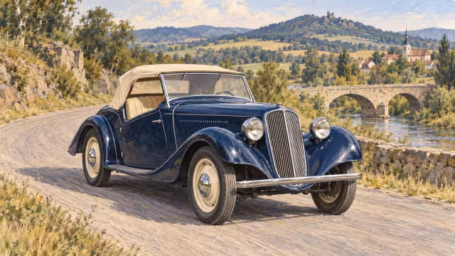 Ilustrace historické Škody Popular Monte Carlo na venkovské cestě