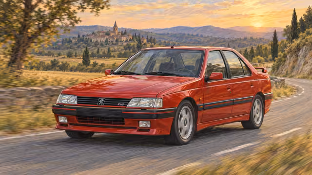 Ilustrace červeného sedanu Peugeot 405 T16 na silnici