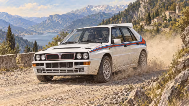 Ilustrace Lancie Delta HF Integrale na šotolinové trati